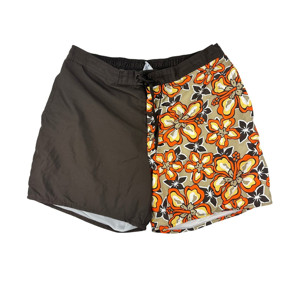 Old Navy Vintage Y2K Board Shorts Mens XL Brown Floral Swim Trunks Split Design